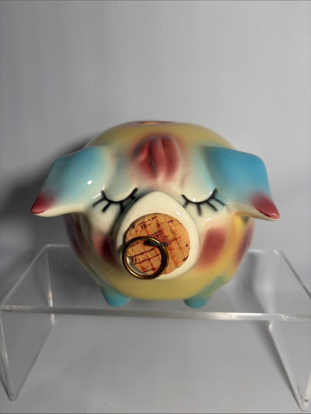 HULL POTTERY 1957 CORKY PIG BANK  and ORIGINAL CORK Colors BLUE Yellow and Pink